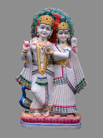 Radha Krishna Marble Statue with Peacock Feather