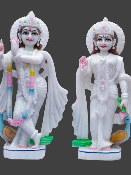 Radha Krishna Marble Statue with Two Peacocks In Background