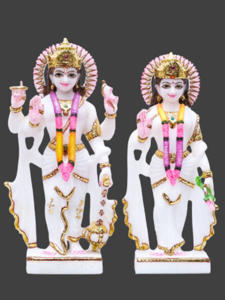 Makrana Marble Vishnu Laxmi Idol Duo with Vibrant Mala